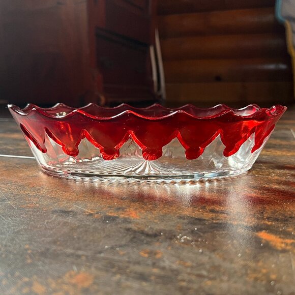Vintage Decorative Oval Glass Bowl with Ruby Red Trim - Picture 2 of 5